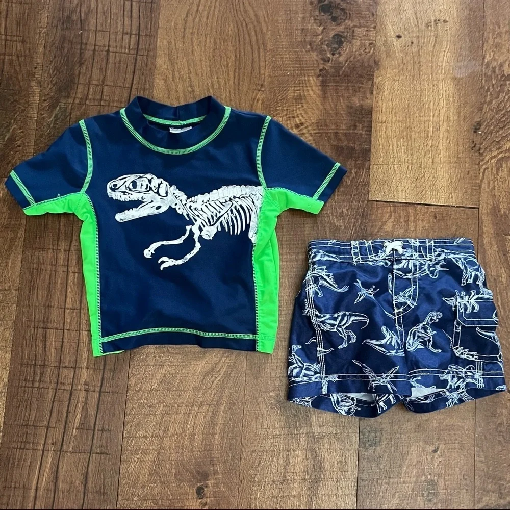 Baby toddler boy dinosaur 2 piece swim Sz 12 months rash guard trunks